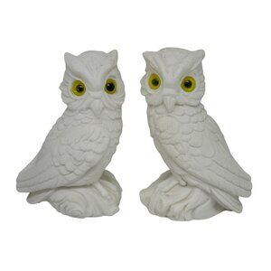 VTG Alabaster White Owl Figurines Yellow Eyes Set of 2 Italy Mid Century 3.5"x4"
